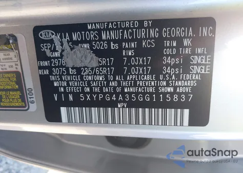 2016 Kia Sorento 2.4L Lx из США, поврежденный, VIN 5XYPG4A35GG115837